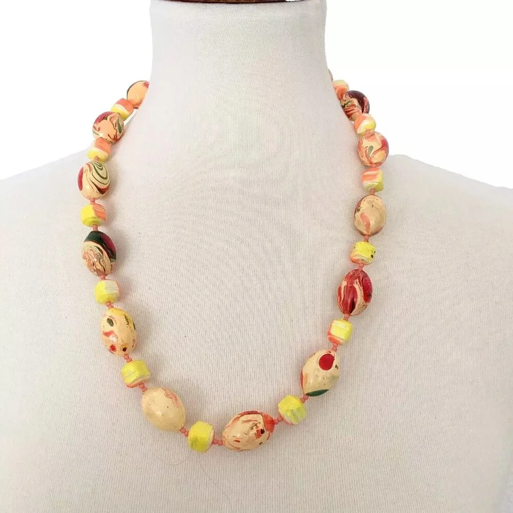 Colorful Orange & Yellow Swirl Painted Bead Necklace
